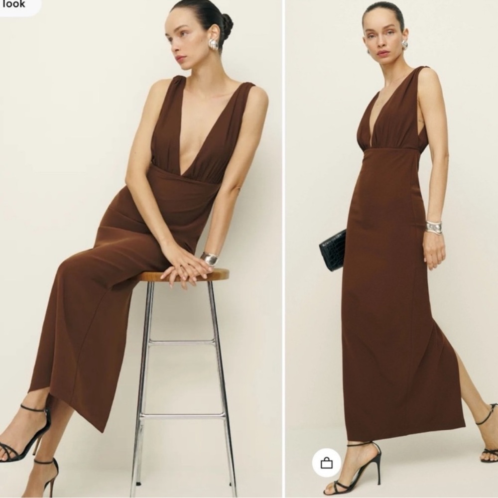NEW Reformation Velda Deep V sleeveless midi Dress Brown Size 6 - Picture 2 of 9